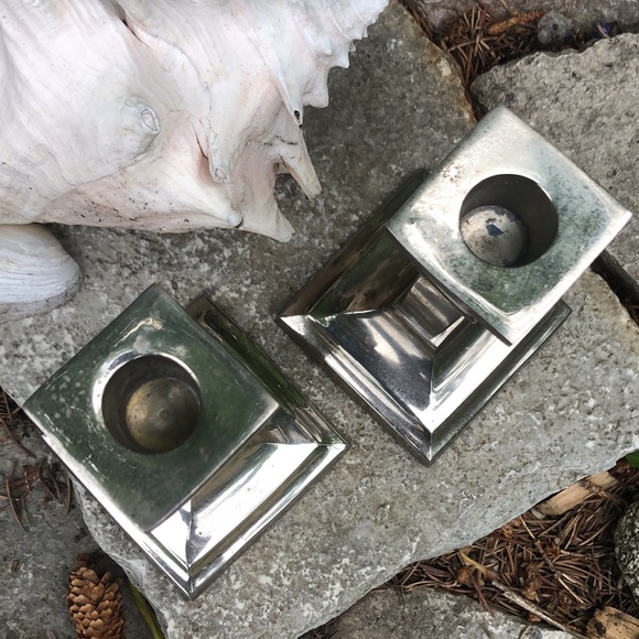 (2) Metal Candle Holders-Silver Toned-Square Base-Tapers-Vintage - Picture 9 of 17